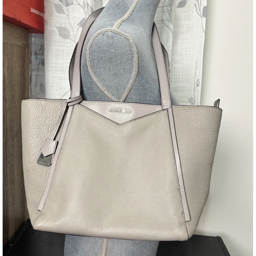 Michael Kors Pebbled‎ Leather Tote Shoulder Bag Grey Beige Office Quiet Luxury